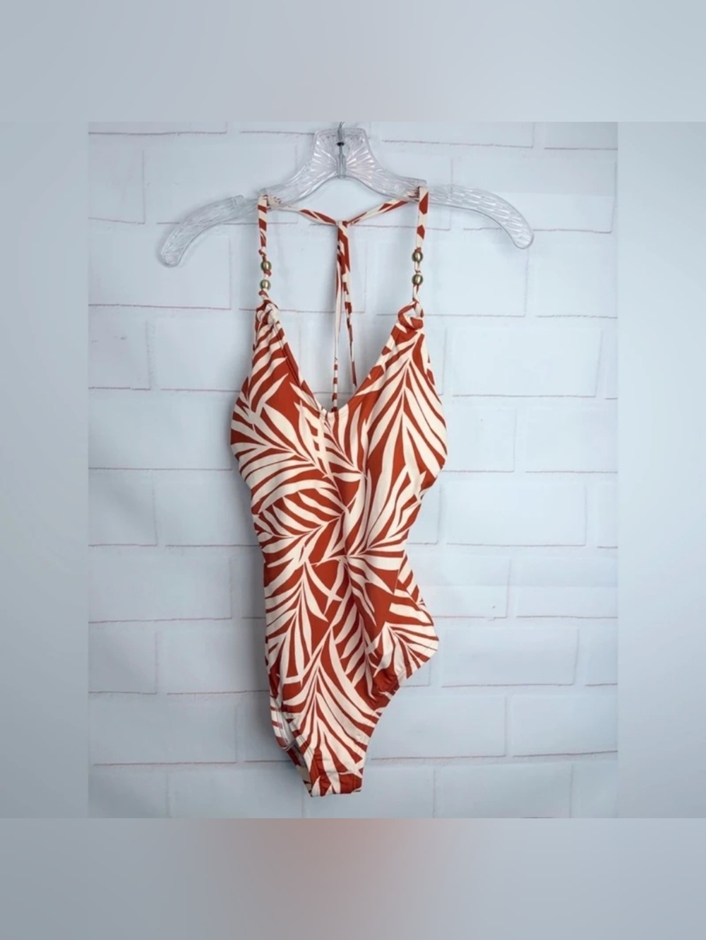 Tropical Leaf Print One-Piece Swimsuit in Rust & Cream